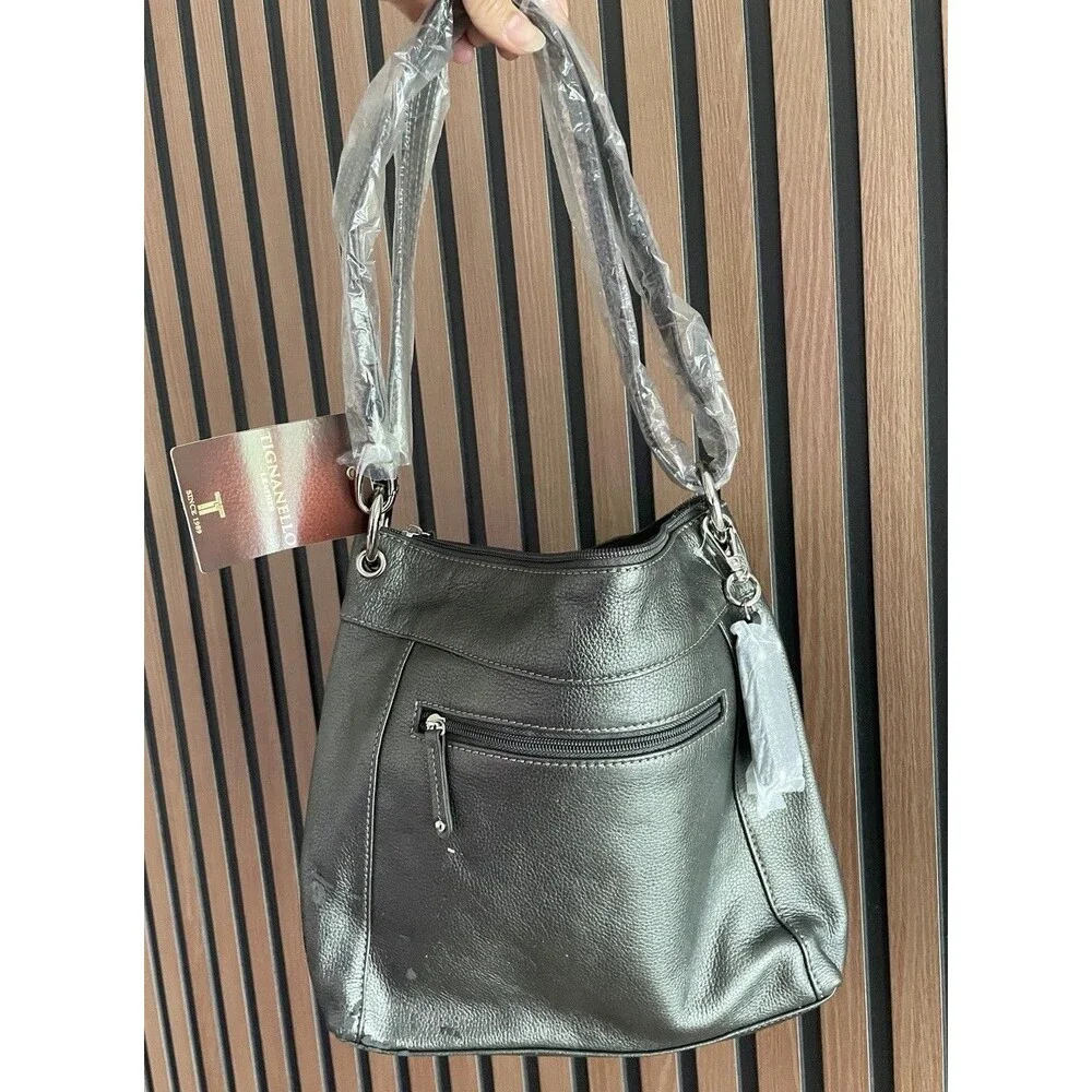 NWT Tignanello Gray Pebbled Leather Hobo Shoulder Bag Braided Buckle Pocket Y2K